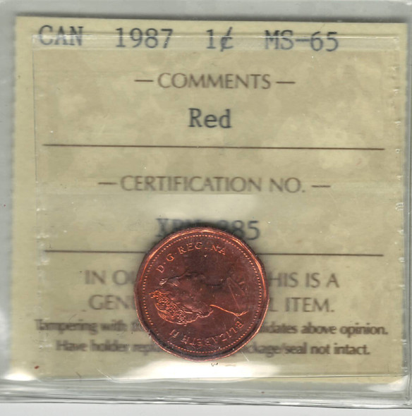 Canada: 1987 1 Cent ICCS MS65 Red