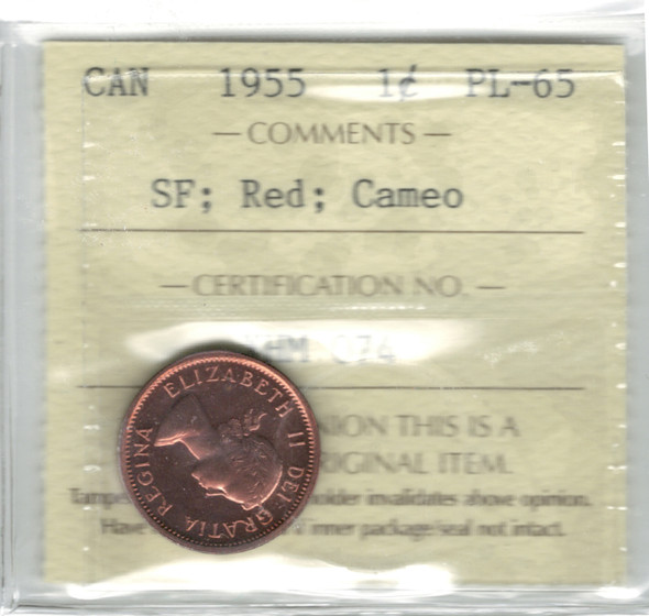 Canada: 1955 1 Cent SF ICCS PL65 Red Cameo Canada: 1955 1 Cent SF ICCS PL65 Red Cameo