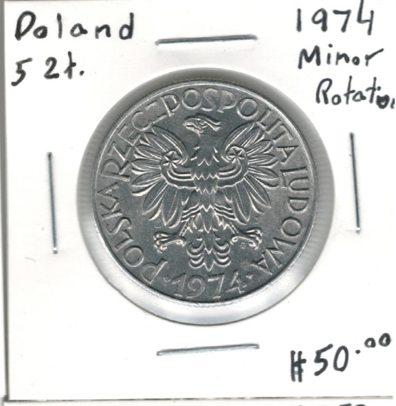 Poland: 1974 5 Zlotych with Minor Rotation Poland: 1974 5 Zlotych with Minor Rotation