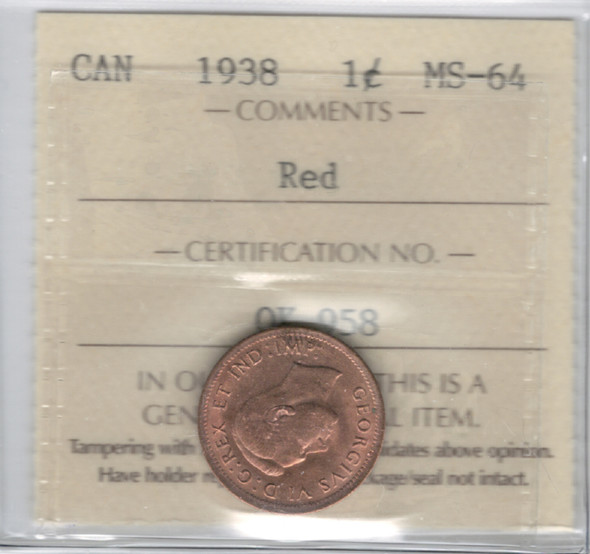 Canada: 1938 1 Cent ICCS MS64 Red Canada: 1938 1 Cent ICCS MS64 Red