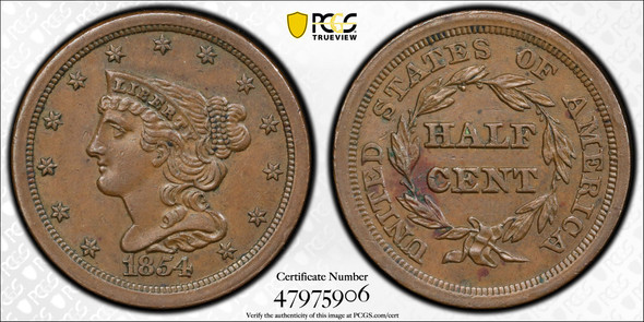 United States: 1854 1/2 Cent PCGS AU55