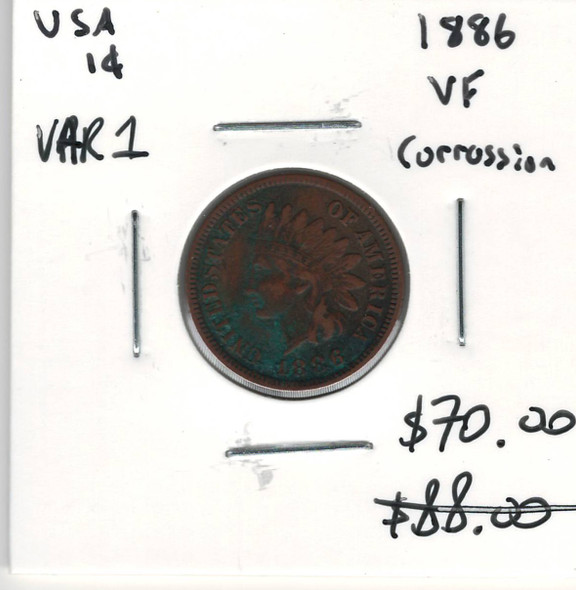 United States: 1886 1 Cent Variety 1 VF20 with Corrosion