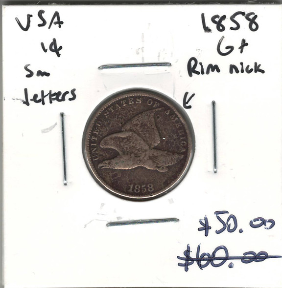 United States: 1858 1 Cent Small Letters G6 with Rim Nick