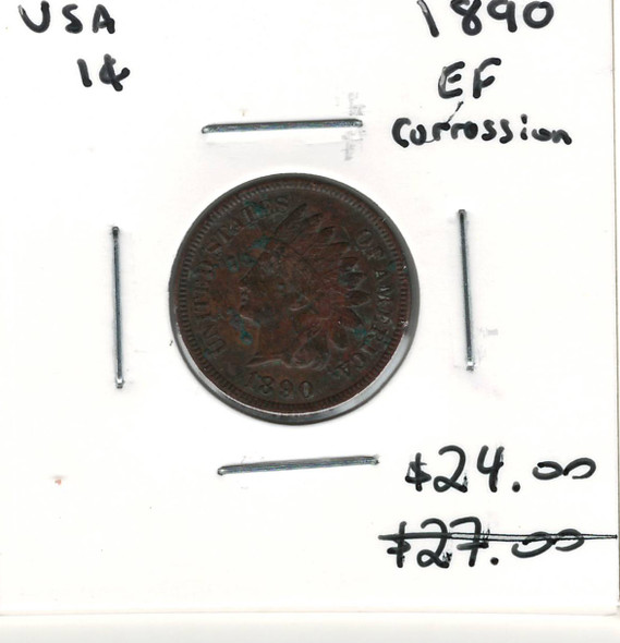 United States: 1890 1 Cent EF40 with Corrosion