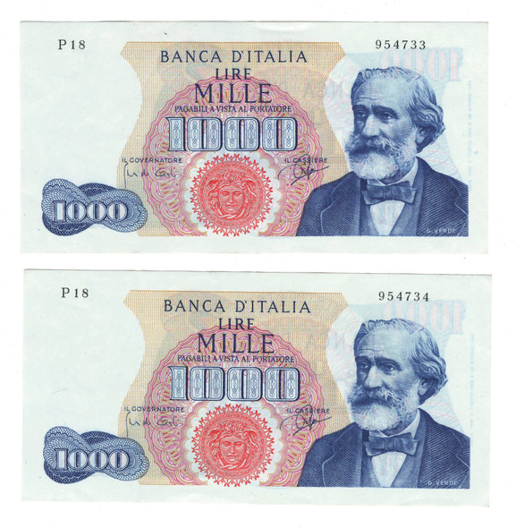 Italy: 1963 1000 Lire Banknotes 2 Consecutive in Sequence Italy: 1963 1000 Lire Banknotes 2 Consecutive in Sequence