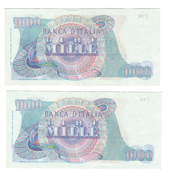 Italy: 1963 1000 Lire Banknotes 2 Consecutive in Sequence Italy: 1963 1000 Lire Banknotes 2 Consecutive in Sequence