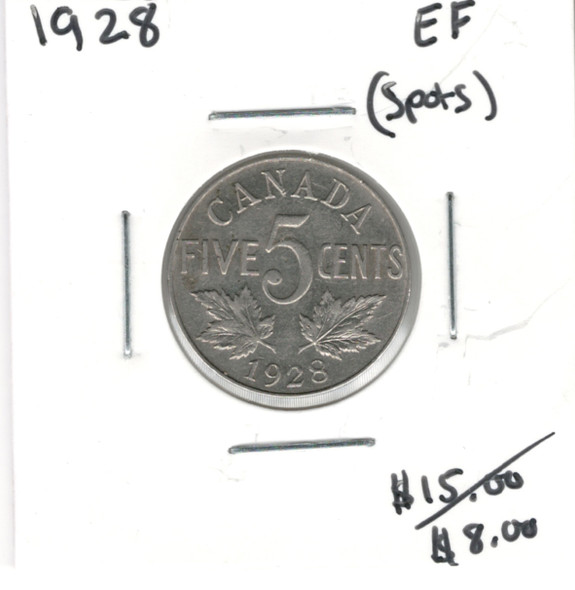 Canada: 1928 5 Cent EF40 with Spots