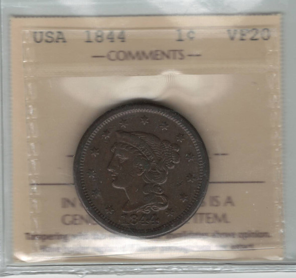 United States: 1844 1 Cent Braided Hair ICCS VF20