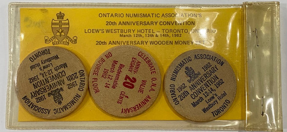 Canada: 1982 Ontario Numismatic Associations 20th Anniversary Wooden Coins (3 Pieces) Canada: 1982 Ontario Numismatic Associations 20th Anniversary Wooden Coins (3 Pieces)