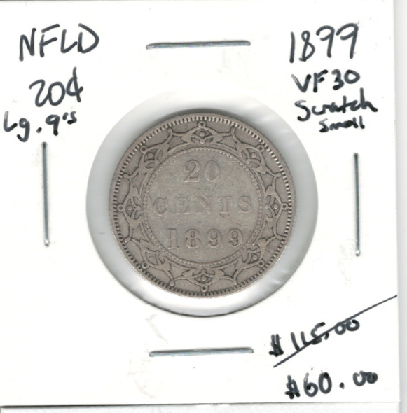 Canada: Newfoundland: 1899 20 Cent Large 9s VF30 with Scratch Canada: Newfoundland: 1899 20 Cent Large 9s VF30 with Scratch