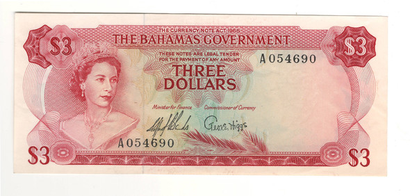 Bahamas: 1965 $3 Banknote