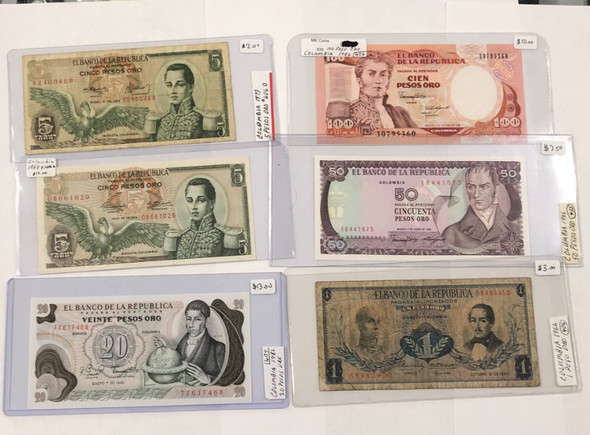 Colombia: 1964 - 1986 Banknote Collection Lot (6 Pieces)
