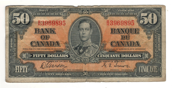 Canada: 1937 $50 Bank Of Canada Banknote B/H  BC-26b