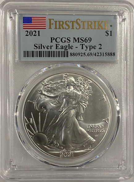 United States: 2021 1 Ounce Silver American Eagle PCGS MS69 - Type 2 First Strike