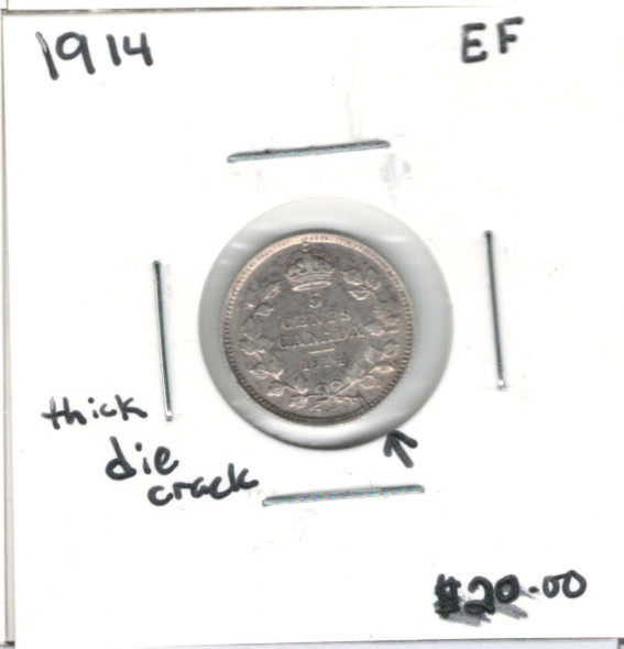 Canada: 1914 5 Cent EF40 with Die Crack Canada: 1914 5 Cent EF40 with Die Crack