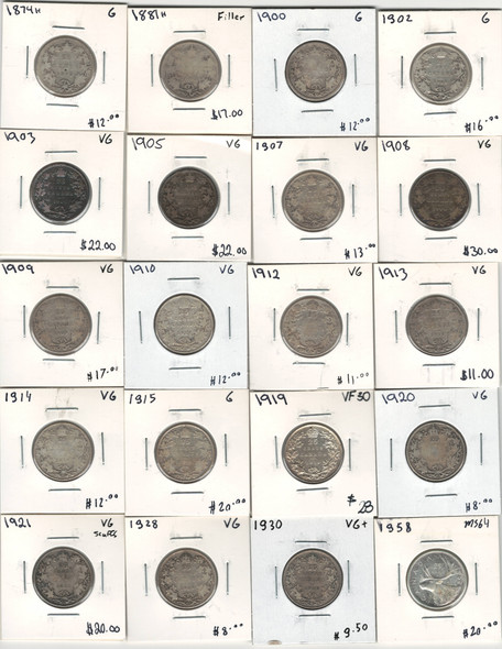 Canada: 1874 - 1958  25 Cent Silver Quarter Coin Collection Bulk Lot (20 Pieces)  *See Photos*