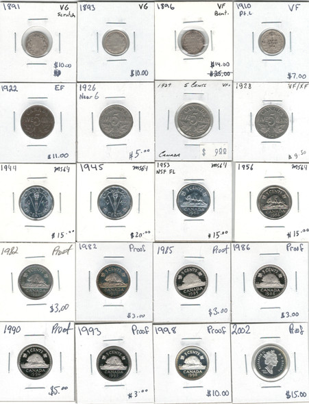 Canada: 1891 - 2002  5 Cent Nickel Coin Collection Bulk Lot Includes Silver (20 Pieces)  *See Photos*