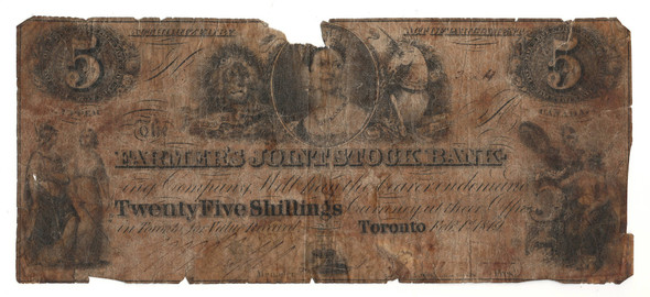 Canada: 1849 $5 Twenty Five Shillings Farmers Join Stock Bank Toronto Banknote