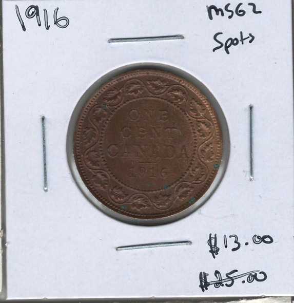 Canada: 1916  1 Cent MS62 with Spots