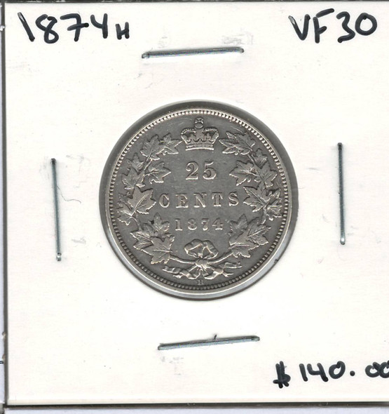 Canada: 1874H 25 Cent VF30