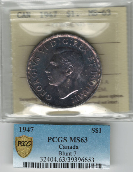 Canada: 1947 $1 Silver Dollar Blunt 7 ICCS / PCGS MS63