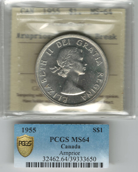 Canada: 1955 $1 Silver Dollar Arnprior Die Break ICCS / PCGS MS64