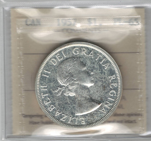 Canada: 1957 $1 Silver Dollar ICCS PL65 Canada: 1957 $1 Silver Dollar ICCS PL65