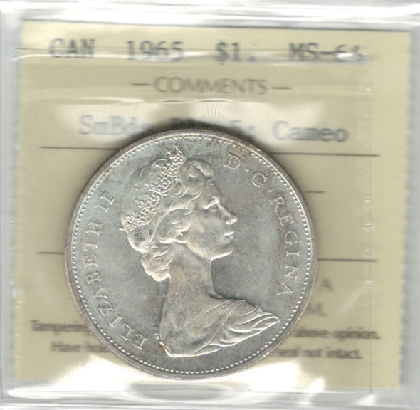 Canada: 1965 $1 Silver Dollar SmBds Blt5 ICCS MS64 Cameo