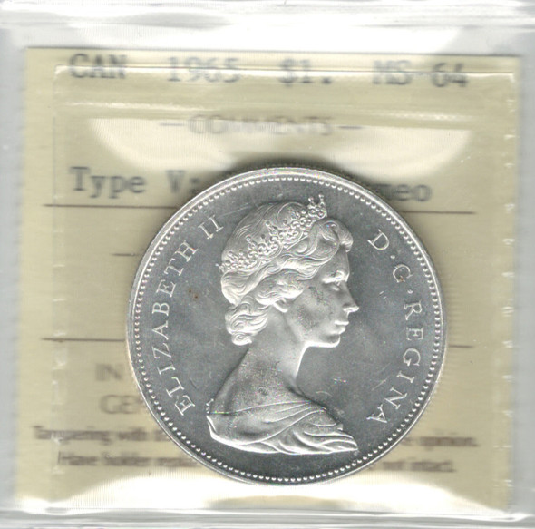 Canada: 1965 $1 Silver Dollar Type 5 ICCS MS64 Heavy Cameo