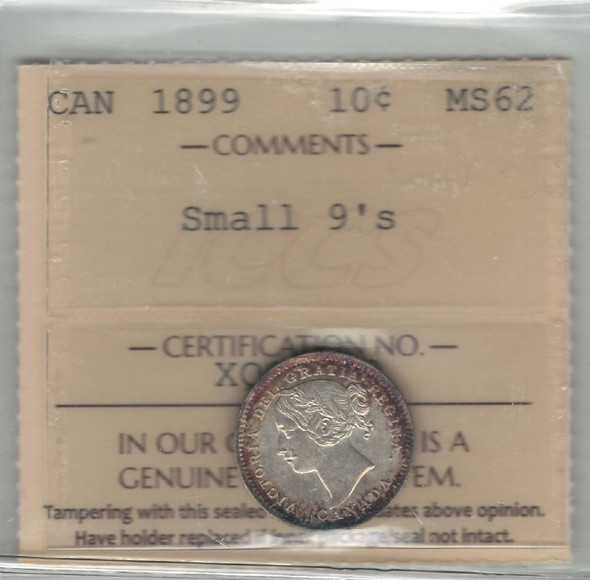 Canada: 1899 10 Cent Small 9's ICCS MS62
