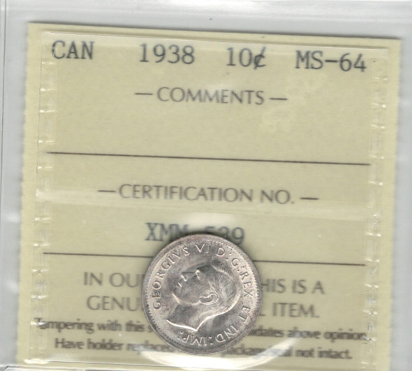 Canada: 1938 10 Cent ICCS MS64