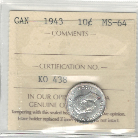 Canada: 1943 10 Cent ICCS MS64