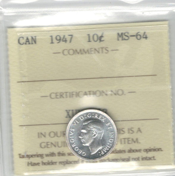 Canada: 1947 10 Cent ICCS MS64