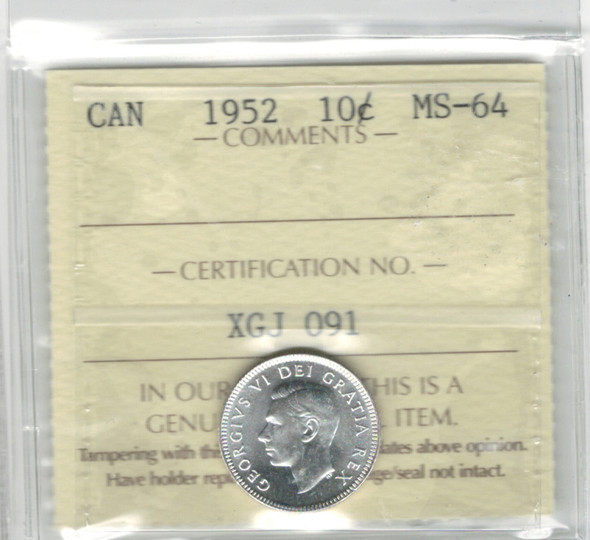 Canada: 1952 10 Cent ICCS MS64