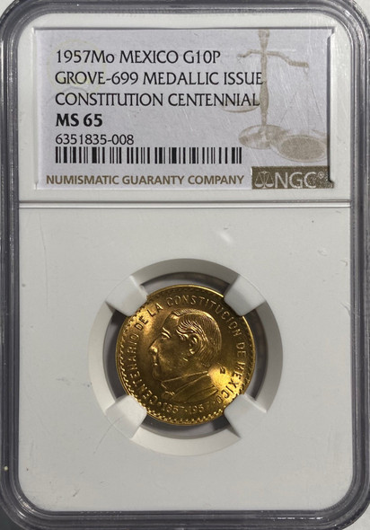 Mexico: 1957-Mo Estados Unidos gold Medallic "Constitution Centennial" 10 Pesos NGC MS65