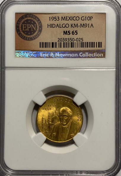 Mexico: 1953 Estados Unidos gold "Hidalgo" 10 Pesos NGC MS65