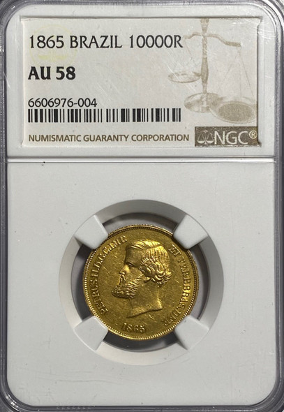 Brazil: 1865 Pedro II gold 10000 Reis NGC AU58