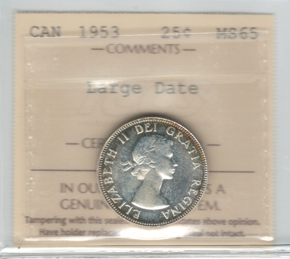 Canada: 1953 25 Cent NSF Large Date ICCS MS65 Canada: 1953 25 Cent NSF Large Date ICCS MS65