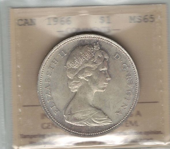 Canada: 1966 $1 Silver Dollar Large Beads ICCS MS65 Canada: 1966 $1 Silver Dollar Large Beads ICCS MS65