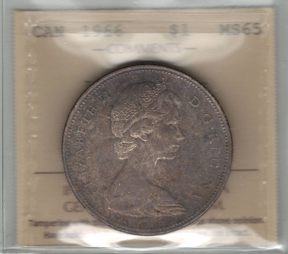 Canada: 1966 $1 Silver Dollar Large Beads ICCS MS65 Canada: 1966 $1 Silver Dollar Large Beads ICCS MS65