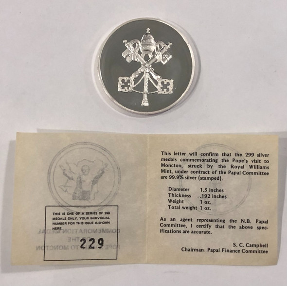 Pope John Paul II Jan Pawel II Visit to Moncton NB 1 oz Pure Silver Medal Pope John Paul II Jan Pawel II Visit to Moncton NB 1 oz Pure Silver Medal