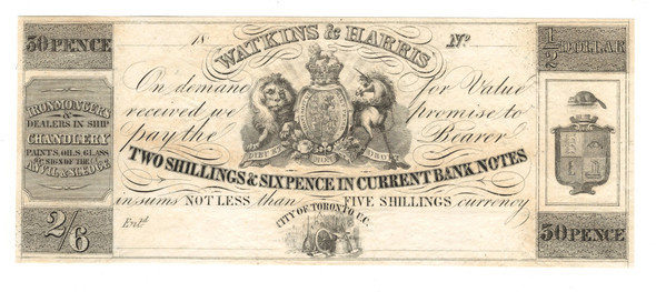 Canada: Watkins & Harris Merchant Script 1/2 Dollar 50 Pence Canada: Watkins & Harris Merchant Script 1/2 Dollar 50 Pence