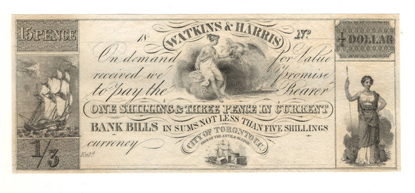 Canada: Watkins & Harris Merchant Script 1/4 Dollar 15 Pence Canada: Watkins & Harris Merchant Script 1/4 Dollar 15 Pence