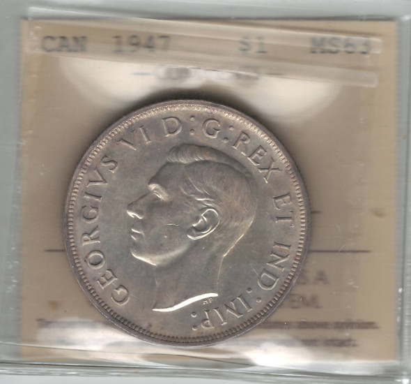 Canada: 1947 Silver Dollar Blunt 7 ICCS MS63