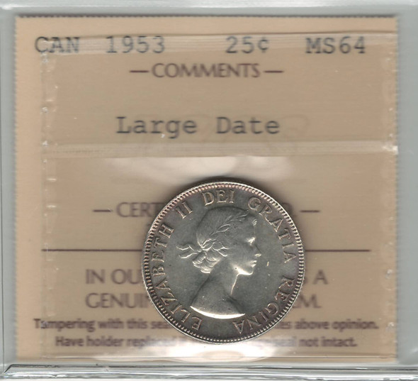 Canada: 1953 25 Cents Large Date ICCS MS64 #2 Canada: 1953 25 Cents Large Date ICCS MS64 #2