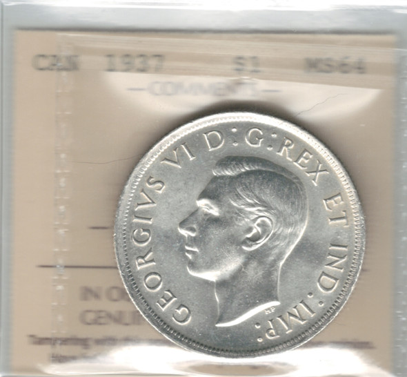 Canada: 1937 $1 Silver Dollar ICCS MS64 #2 Canada: 1937 $1 Silver Dollar ICCS MS64 #2