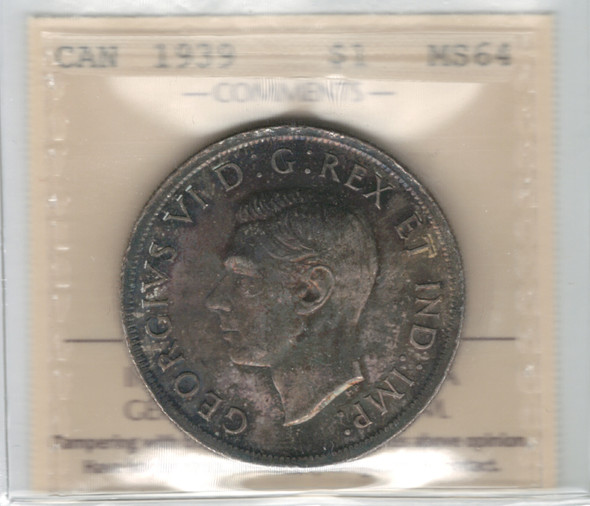Canada: 1939 $1 Silver Dollar ICCS MS64 Canada: 1939 $1 Silver Dollar ICCS MS64
