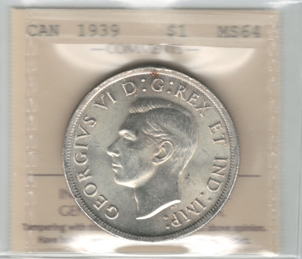 Canada: 1939 $1 Silver Dollar ICCS MS64 #2 Canada: 1939 $1 Silver Dollar ICCS MS64 #2