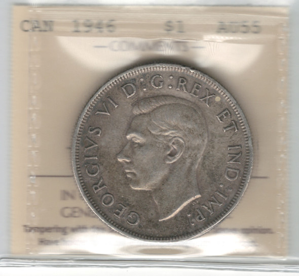 Canada: 1946 $1 Silver Dollar ICCS AU55 Canada: 1946 $1 Silver Dollar ICCS AU55