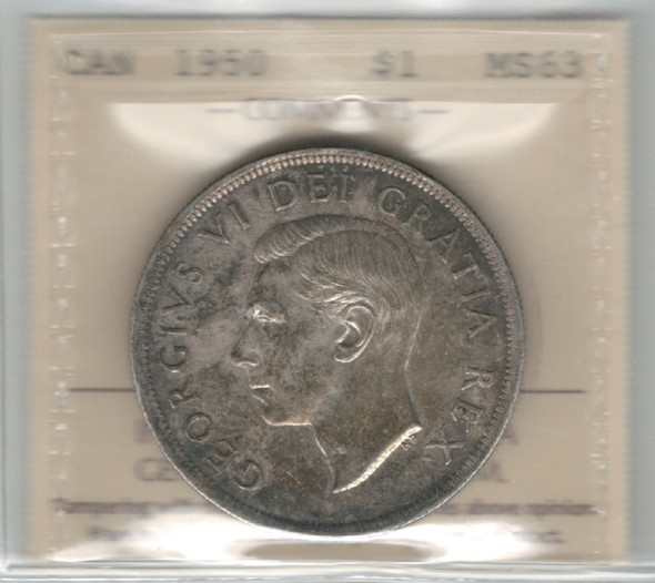 Canada: 1950 $1 Silver Dollar ICCS MS63 Canada: 1950 $1 Silver Dollar ICCS MS63